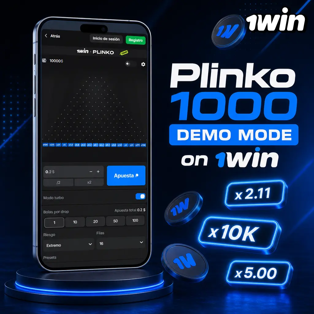 Plinko 1000 demo mode on 1win showing virtual credits to test rows, risk levels, and betting patterns risk-free.