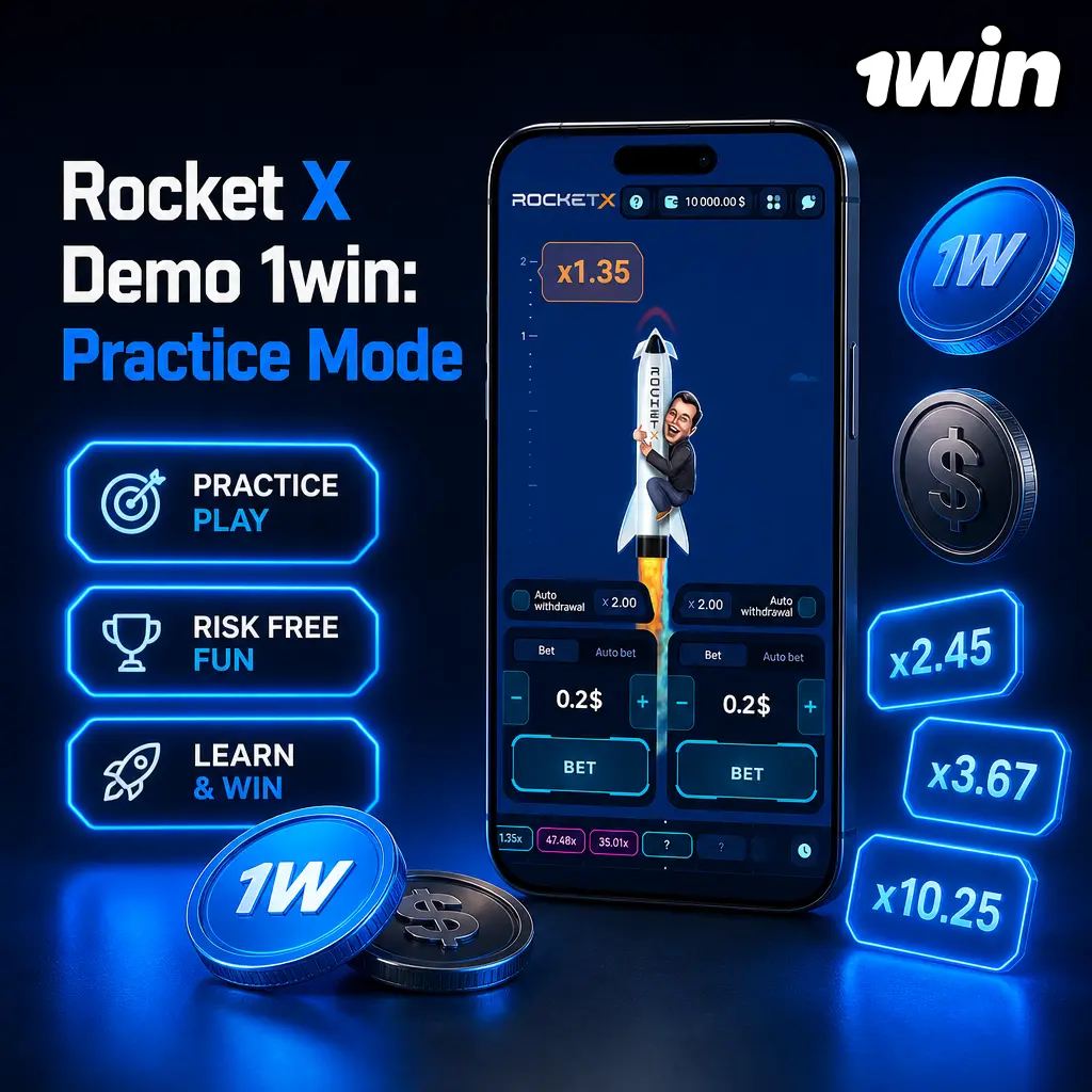Rocket X demo mode on 1win: practice cash-out timing with virtual credits before playing with real money.