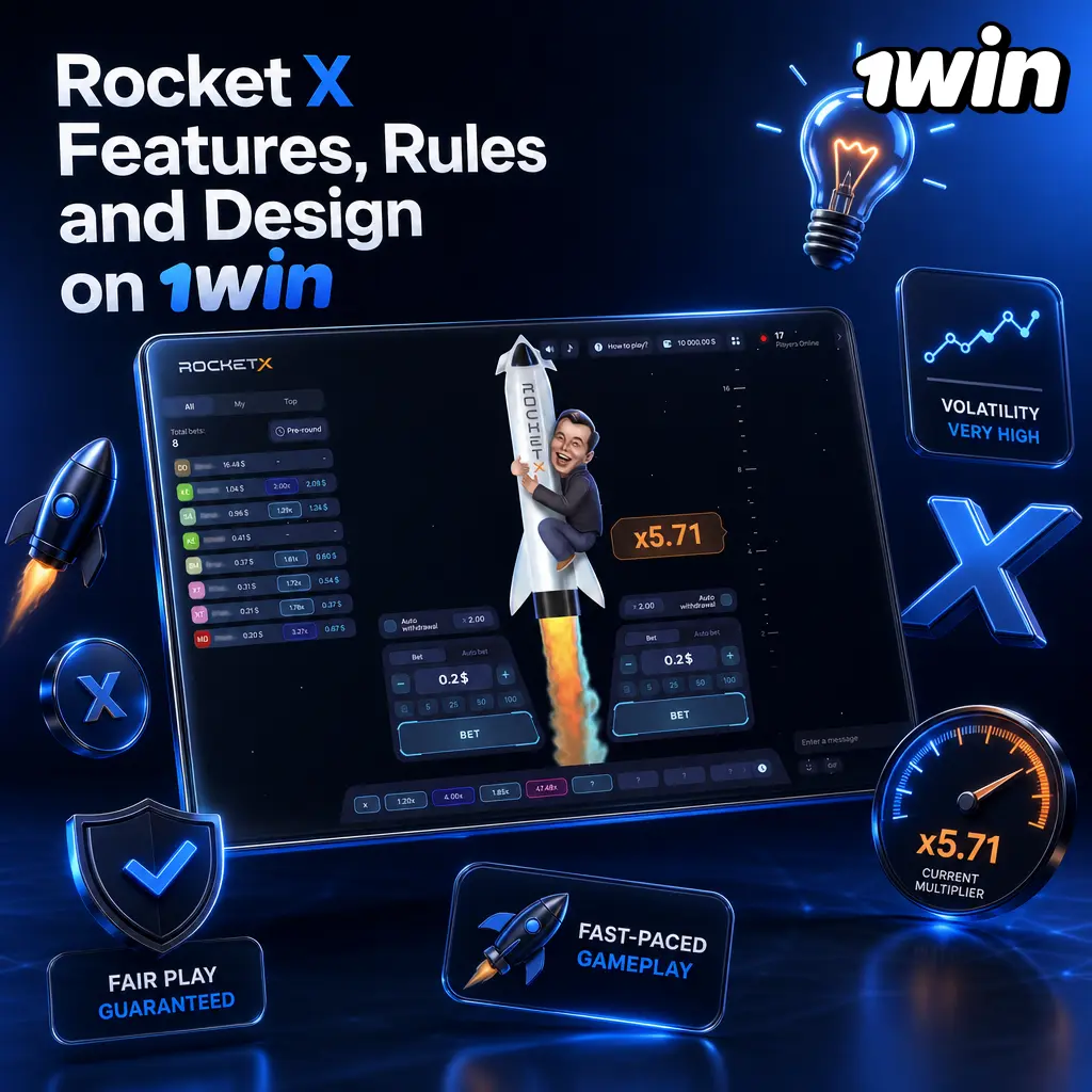 Rocket X on 1win: neon rocket-themed multiplier game with 97% RTP, manual/auto cash-out, and space-themed visuals.