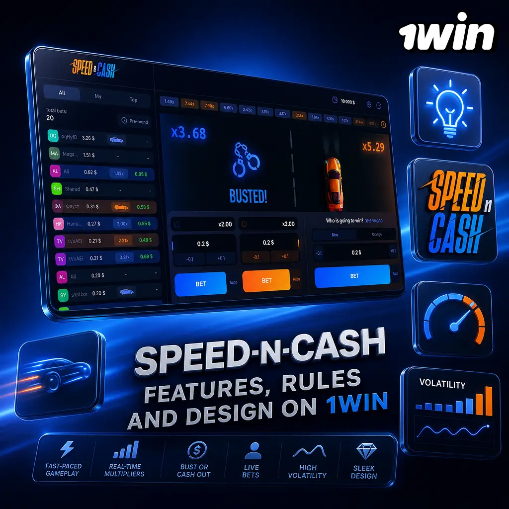 Speed-n-Cash slot on 1win: neon racing theme, chrome reels, 97% RTP, high volatility, and multiplier stacking.