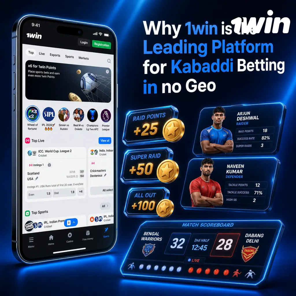 1win Kabaddi betting guide showing PKL odds, raid and tackle point markets, and H2H stats for fans in no Geo